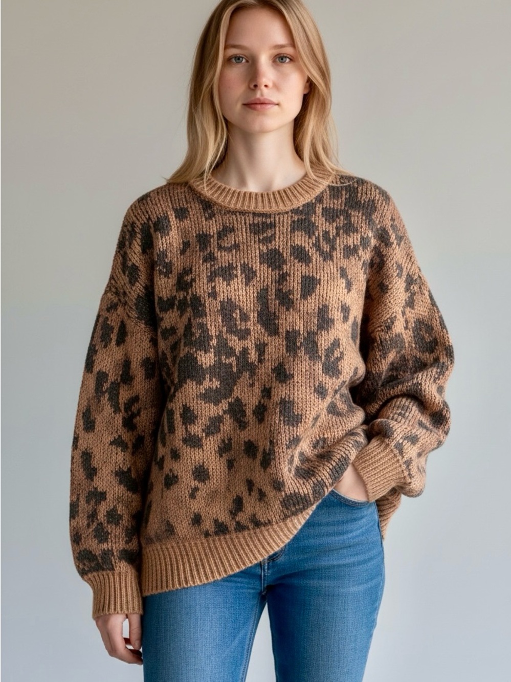 aerie Leopard-Print Oversized Crewneck Sweater